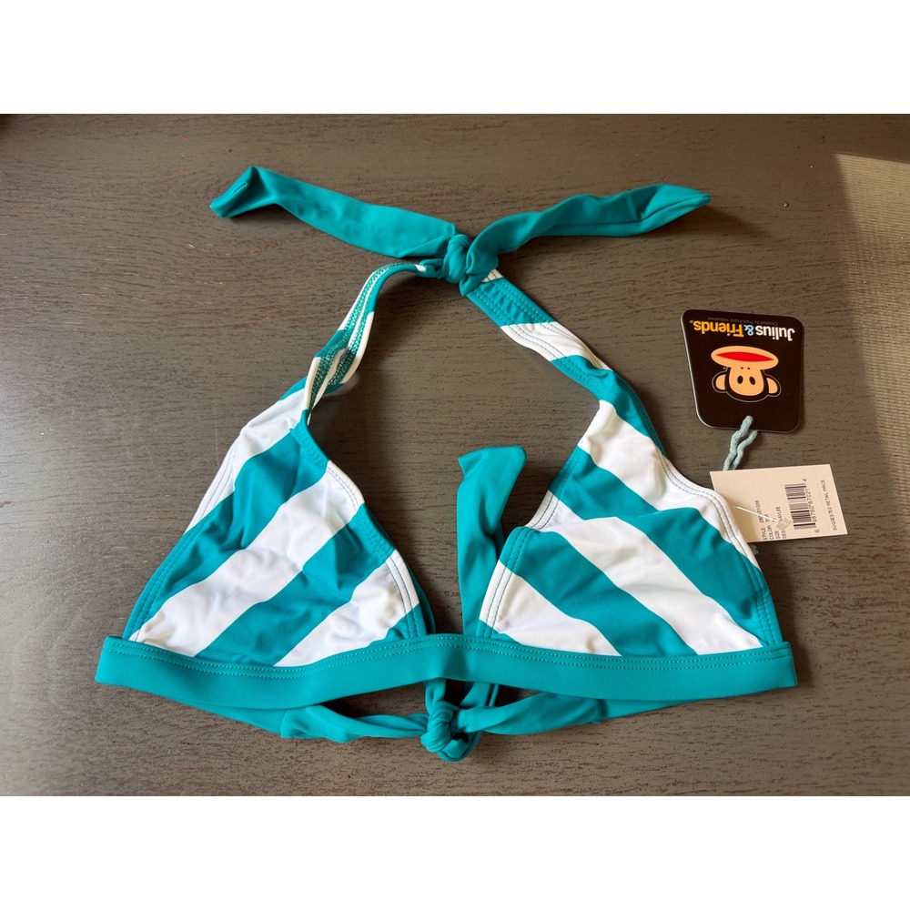 Paul Frank Julius & Friends Girls Bikini Top Teal White Stripe Kaylee Size M NWT